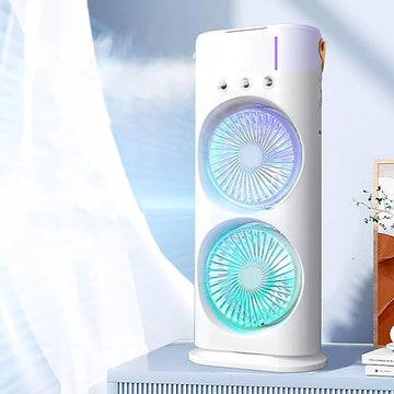 Rechargeable Automatic Rotating Dual Double Spray Mist Fan With Lightening Effects